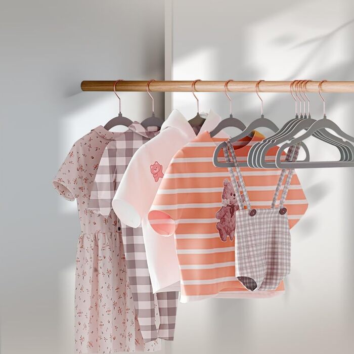32 шт. велюрові вішалки для дитячого одягу Stormix, 28 см, сірі, з антиковзким покриттям та гачками рожевого золота