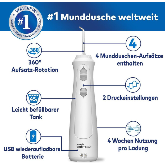 Waterpik Бездротова Іригатор, акумуляторний, електричний для чищення зубів, видаляє наліт, для дому та подорожей - Білий