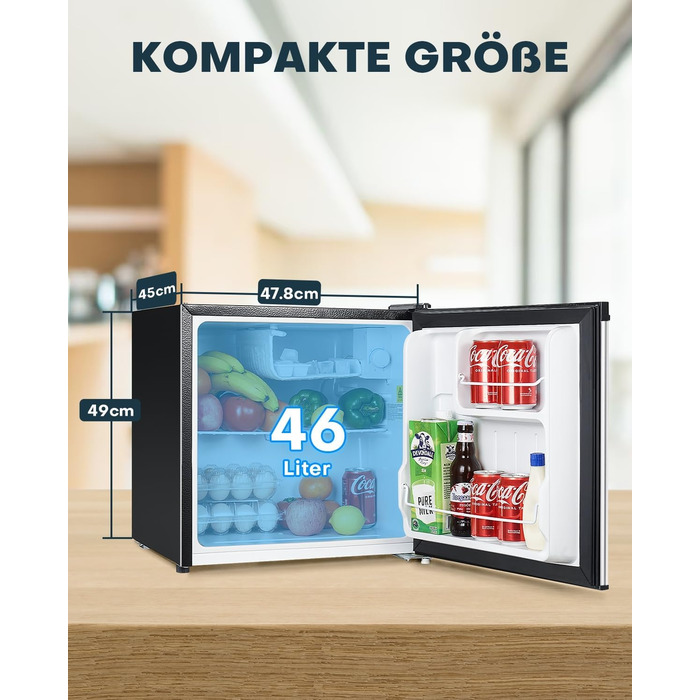 Upstreman 46L Mini Fridge with Freezer Compartment, Temperature Control, Energy Efficient, Quiet, 1-Door Beverage Refrigerator, Stainless Steel - FR17