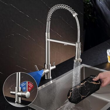 Кухонний змішувач 3 в 1 з поворотним гусаком 360° та двома режимами (з душем), з нержавіючої сталі та латуні, для фільтрації води, з двома ручками