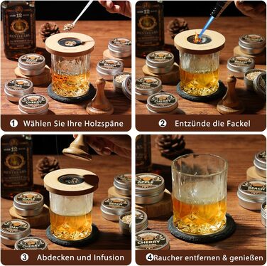 Набір для копчення віскі з факелом: 6 смаків, дерев'яні тріски, 2 склянки, 6 контейнерів для віскі, коктейльний набір для копчення, набір для копчення напоїв, подарунок на день народження для любителів бурбону (без бутану)