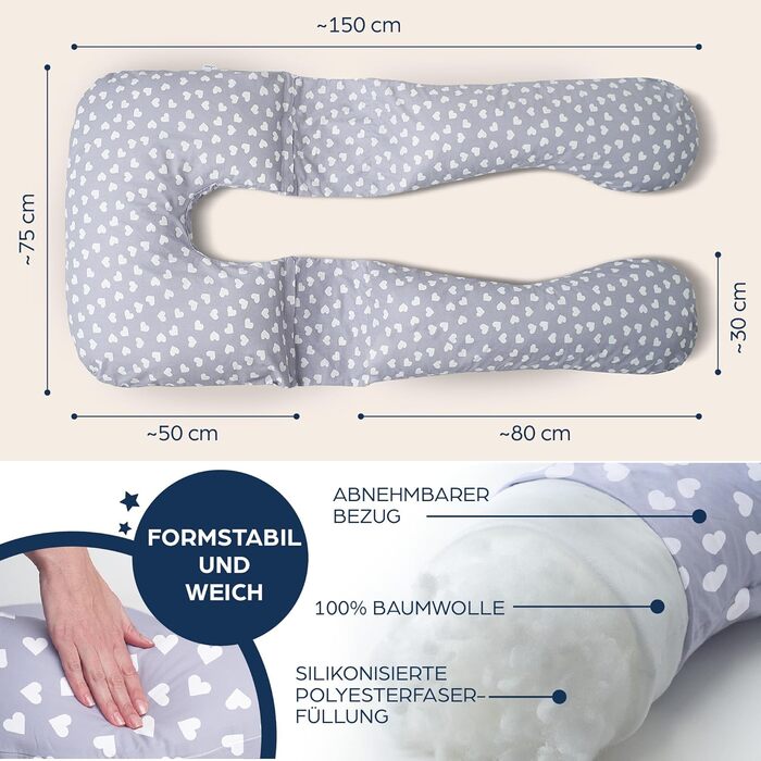 Niimo 4-in-1 U-Shaped Pillow - Breastfeeding Pillow, Pregnancy Pillow, Comfort Pillow & Side Sleeper Pillow with 100% Cotton Cover, Washable (Gray with white hearts)