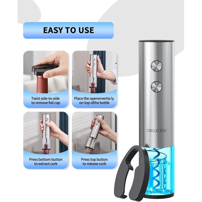 Електричний відкривачка вин CIRCLE JOY 6-в-1 з зарядною станцією, набір з нержавіючої сталі, з різаком фольги та вакуумними закривачами