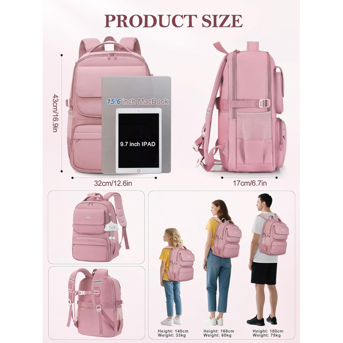 Шкільний рюкзак FIORETTO для дівчаток-підлітків, рюкзак для жінок з відділом для ноутбука 15,6', водонепроникний, легкий, 25L, для школи та подорожей, рожевий