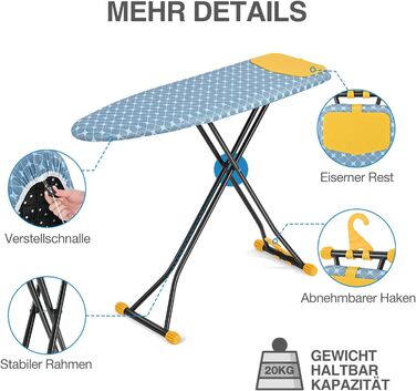 KINGRACK Прасувальна дошка з інтегрованою підкладкою з силікону, компактна та економна, з надзвичайно товстою поверхнею, 7 рівнів регулювання висоти, для підвішування на стіну та у шафу – 38x121 см, жовта