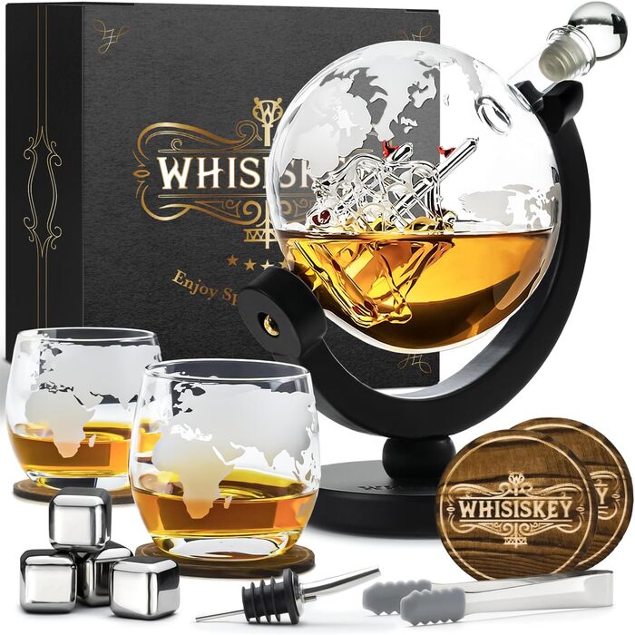 WHISISKEY Whiskey Carafe Set - Whiskey Gift Set - Gifts for Men - Men's Gifts Gift - Birthday Gift for Men - Globe Decanter 900ML, Gift Box, 2 Whiskey Glasses, 4 Whiskey Stones