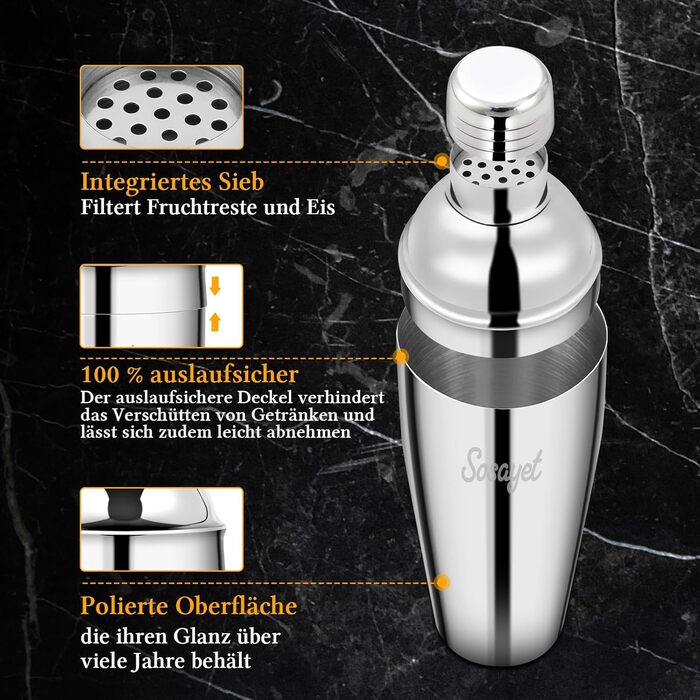 Набір шейкер для коктейлів Sosayet, нержавіюча сталь, аксесуари, рецепти, 750 мл, для початківців та професіоналів, подарунок для чоловіків (3 шт.)