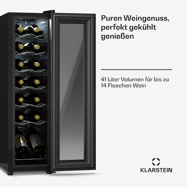 Klarstein Wine Refrigerator - 1 Zone Compact Wine Cooler, 42L Capacity, Glass Door, Indoor/Outdoor Use, 5-18°C, 16 Bottle Wine Fridge