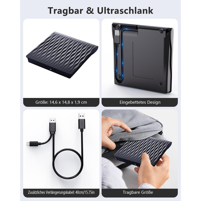 Зовнішній DVD CD привід DANGZW USB 3.0 Type-C, портативний DVD-записувач та плеєр для ноутбука та ПК, сумісний з Windows, Linux, MacOS, матовий чорний