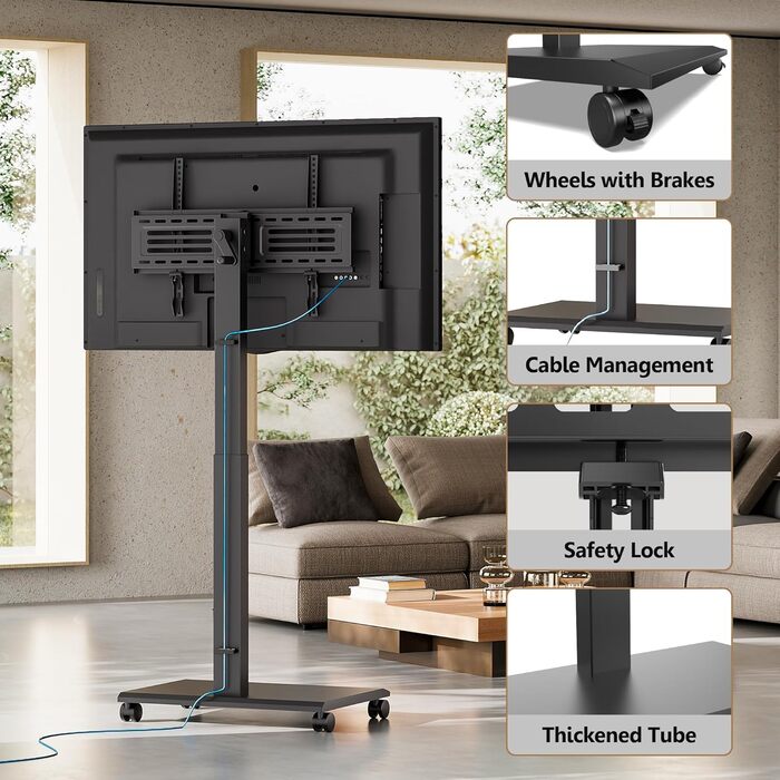 FITUEYES Mobile TV Stand - Rolling TV Cart for 32-75 inch Plasma/LCD/LED TVs - Height Adjustable, Swivel & Tilt, up to 40kg, VESA 600x400mm (Black)