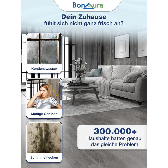 BonAura® Безструменевий осушувач повітря - для підвалів, ванних кімнат та інших приміщень - 680г осушувального грануляту в комплекті - Осушувач повітря, захист від плісняви, Titanium Grey