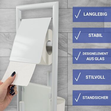 Набір для туалету WENKO Ravina 3-в-1, білий: щітка, тримач туалетного паперу, місце для 3 рулонів | Нержавіюча сталь та скло | 20 x 70 см