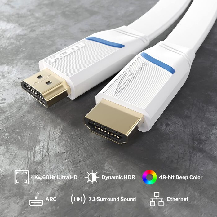 Плоский HDMI кабель KabelDirekt – 2 метри, 4K@60Hz, Ethernet, для Blu-ray, PS5/Xbox Series X/Switch, білий