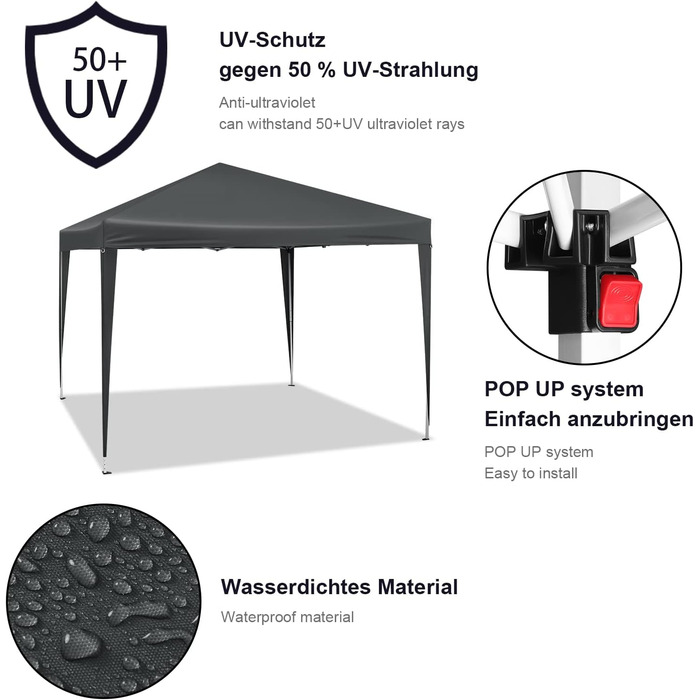 WOLTU Pop-Up Pavilion, Waterproof Folding Pavilion, Sun Shelter, Event Pavilion, Garden Pavilion for Terrace, Camping, Festival, Pagoda Tent, 3 x 3 m, with Oxford Fabric and Metal Frame, PVL0002be (Anthracite)