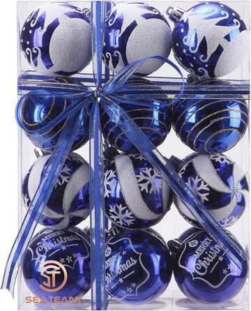 Декоративна куля для ялинки Sea Team з малюнком та блискучим прикрасою у вигляді ялинки, блакитна, 60 мм (6 шт.)