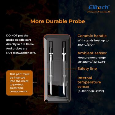 Bluetooth термометр для м'яса Elitech з двома зондами, IP67, 0-300°C, для гриля, духовки, ротисерії, фритюрниці, кухні