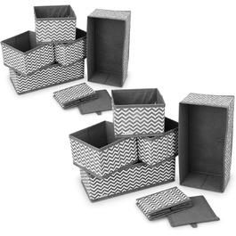 Navaris Storage Boxes Organizer Organization System Fabric Boxes - 12 Pieces in Various Sizes - for Wardrobe and Drawers - Foldable (Gray - White)