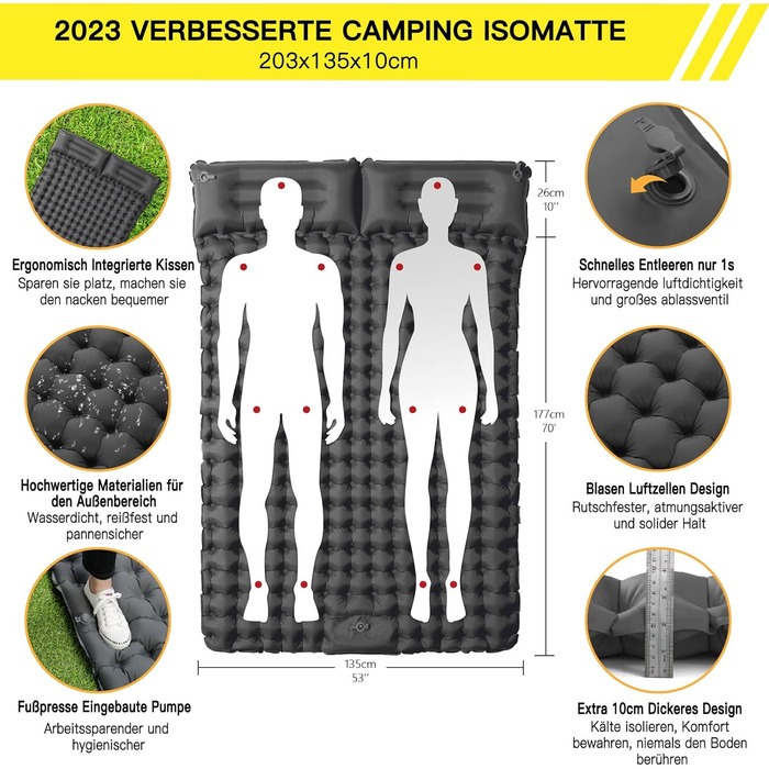 Каремат для кемпінгу на 2 особи Doppel - ультралегкий, 10 см, самонадувний, з помпою та подушкою. Ідеально для подорожей та відпочинку на природі. Сірий колір.