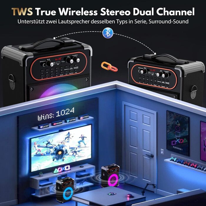 Караоке машина з 2 мікрофонами, портативна Bluetooth колонка з LED-підсвічуванням, Party Box, підтримує USB/TF-картку/AUX/FM, чорний S-68