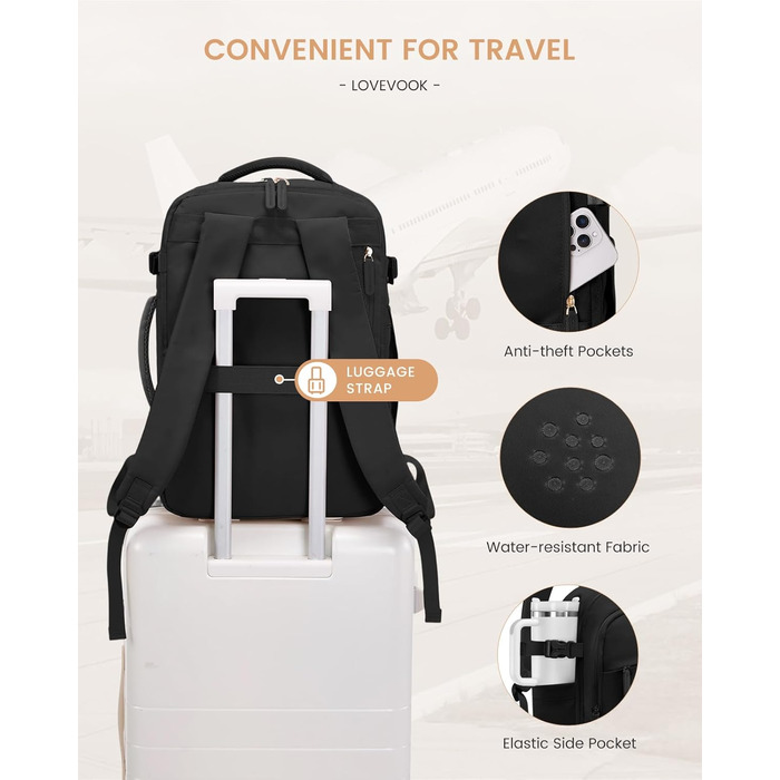LOVEVOOK Рюкзак для ручної поклажі 40л, чорний, для подорожей, з відділенням для мокрого та сухого, для ноутбука, 45x36x20 см