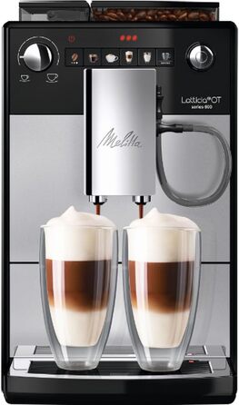 Melitta Latticia OT - Fully Automatic Coffee Machine with Milk System, Coffee Machine with Grinder for Coffee or Cappuccino, e.g., Silver/Black