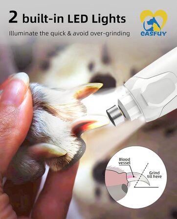 Електричний точилка для кігтів собак Casfuy - 6 режимів, 45 dB, з LED-підсвічуванням, для великих, середніх та малих собак, з захистом від пилу (білий)