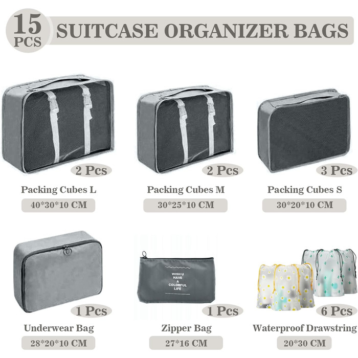 Органайзери для подорожей GIBOHOM: Набір з 15 штук, водонепроникні, сірі