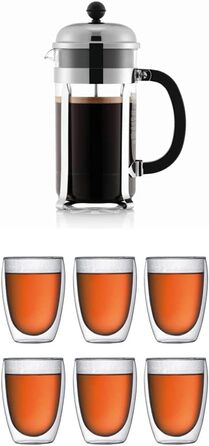 Bodum Chambord French Press, 1.0L, glossy, Pavina 6-piece Glass Set (Double-walled, 0.35 liters), transparent