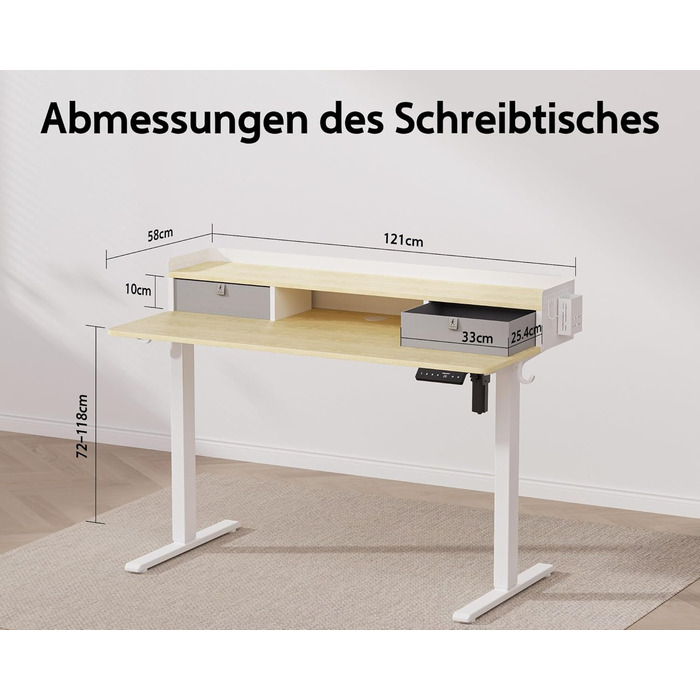 Electric Standing Desk with Drawers - 120x60cm Oak - Adjustable Height Desk for Home Office & DIY Pegboard