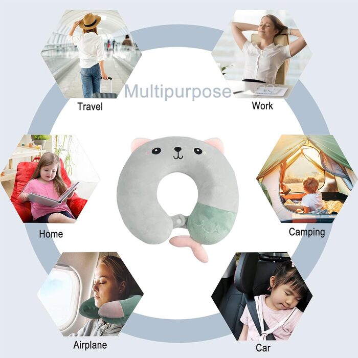Дитяче подушечка для шиї з меморі-піною, U-подібна подушка для подорожей (літак, авто, поїзд), милий дизайн, знімна наволочка (сірий)