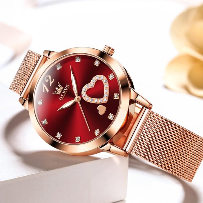 Годинник жіночий OLEVS Roségold з серцем-діамантом, чорно-білий циферблат, кварц, водонепроникний, комплект з браслетом