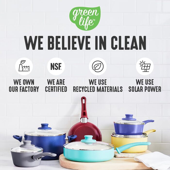 Набір кухонного посуду GreenLife Soft Grip 8 предметів: керамічне антипригарне покриття, посуд для смаження, соусників, тушкування, кришки з термостійким пластиком, посудомийна машина, блакитний/кремовий