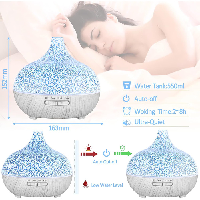 Аромадифузор 550мл, ультразвуковий зволожувач повітря, для ефірних олій, без BPA, ароматерапія, LED-підсвічування, для спа, йоги, спальні