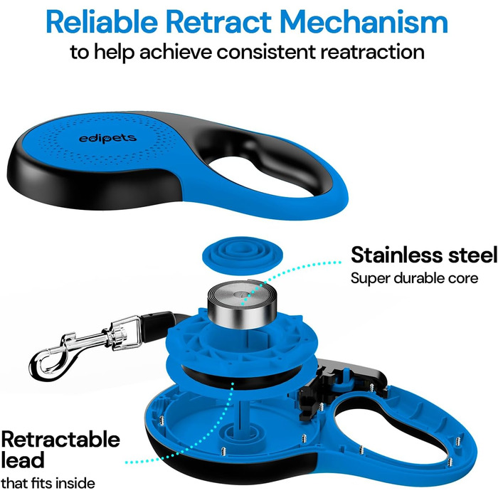 Edipets Висувна/Звичайна повідка для собак, 5 м, 8 м, гнучка, для тренувань та прогулянок, для малих, середніх та великих собак (Блакитний, 5 метрів)