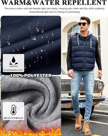 Чоловіча степна жилетка Vancavoo з капюшоном, тепла зимова жилетка для активного відпочинку, спортивна жилетка, перехідна куртка (темно-синій, L)