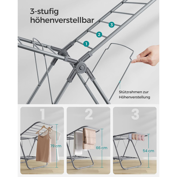 SONGMICS Сушарка для білизни складна, металева, 2-х крила, 44 x 101 x 54 см, білий (Taubengrau)