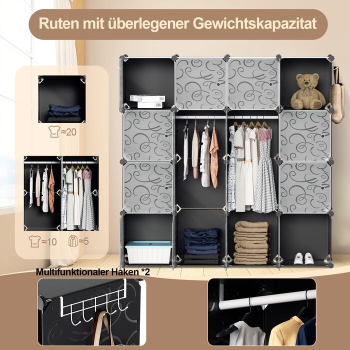 DIY Closet Shelf System with 16 Cubes, Wardrobe, Open Closet, Plastic Wardrobe with Doors, Wardrobe Cabinet, Black, 180 x 142 x 37CM (Black 16 Cubes with Clothes Hooks)