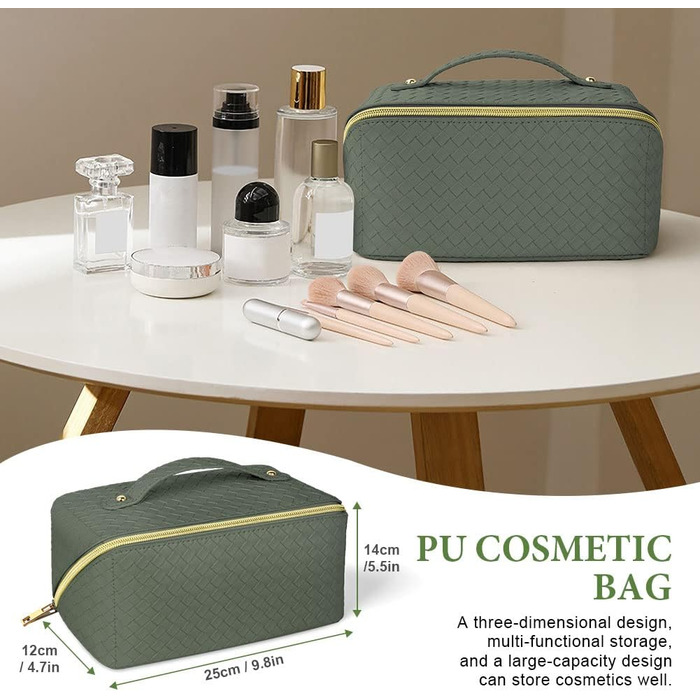 Косметичка для подорожей з PU шкіри, велика містка, водонепроникна, органайзер для туалетних аксесуарів (зелений колір, плетіння)