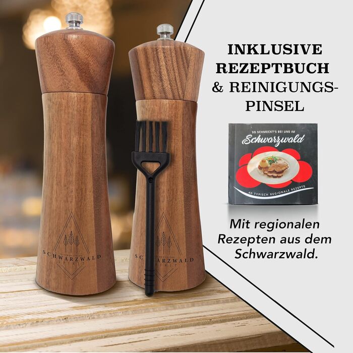Набір млинків для солі та перцю Schwarzwald Spirit, дерев'яні, 16,5 см, 2 шт, керамічний механізм, з пензликом для очищення та рецептурником – подарунок для кухні