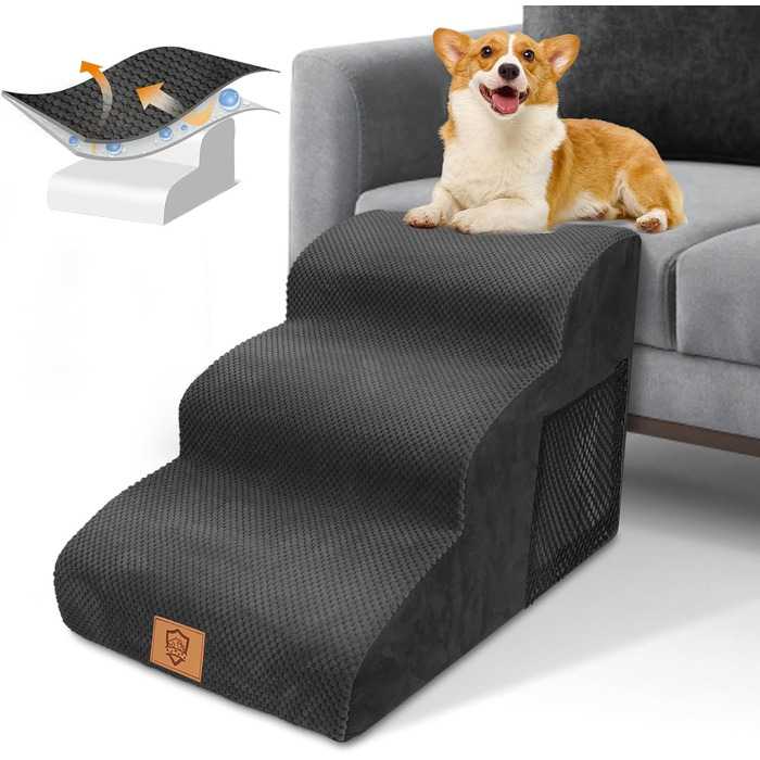 Сходинки для собак маленьких порід, 3 сходинки, 40 см, чорного кольору. Зручні та миючі сходи для собак, з неслизьким покриттям, для доступу до ліжка та дивану