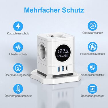 Багатофункціональний USB-хаб FDTEK з 1 USB-C та 2 USB-A, 7 розеток, LCD-дисплей, 1.8м кабель, 2500W/10A, білий