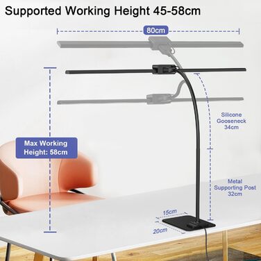 LED Desk Lamp with Adjustable Brightness, 1200 Lumens Dual Head Clamp-On for Home Office, Eye Protection Gooseneck Table Lamp, Monitor Light with 5 Color Temperature & Brightness Levels (Black Dual-Head Metal Base)