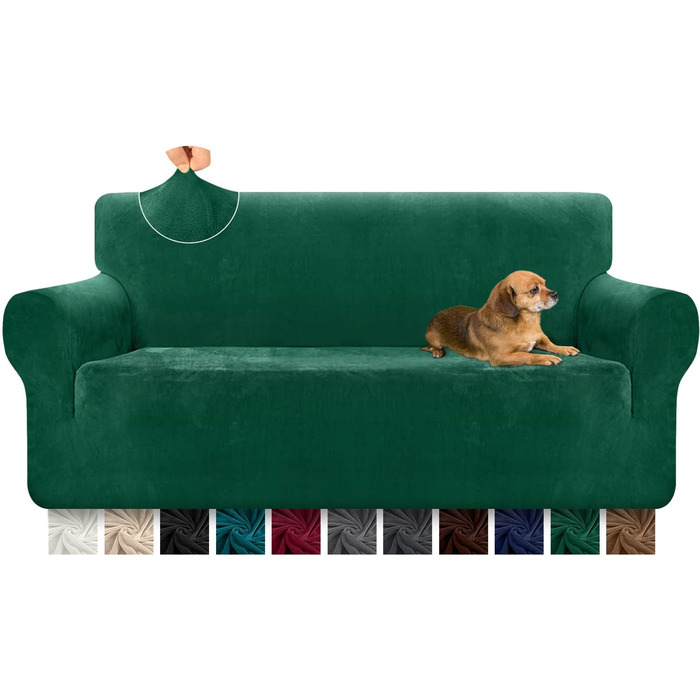 Granbest 1 Pack Thickened Couch Cover Durable Velvet Plush Sofa Cover for Oversized Couch High Stretch Couch Cover for Dogs, Pets Anti-Slip Furniture Protector for Living Room (4 Seater, Dark Green)