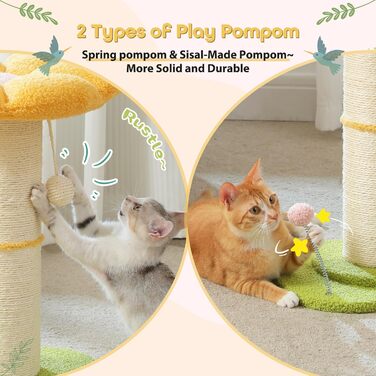 Flower Cat Tree - Small Cat Tree for Indoor Cats with Super Thick Scratching Post [Dia=14cm], Detachable Flower Cat Bed, Feather Ball - (Yellow)