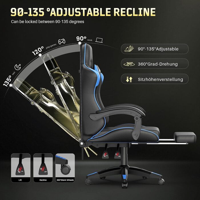 Ігрове крісло Bigzzia Ergonomic Gaming Stuhl з підставкою для ніг та функцією масажу, синій
