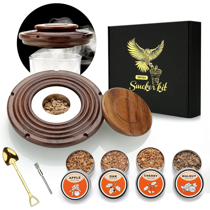 Набір для копчення коктейлів з 4 дерев'яними чіпсами, подарунок на День батька, для віскі, напоїв, кави, бурбона, м'яса та горіхів