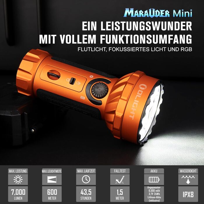 OLIGHT Marauder Mini LED ліхтар Super Hell 7000 Lumen, 600 метрів, перезаряджуваний, з прожектором та світловим потоком, 3 кольори LED, датчик відстані, для активного відпочинку (Orange)