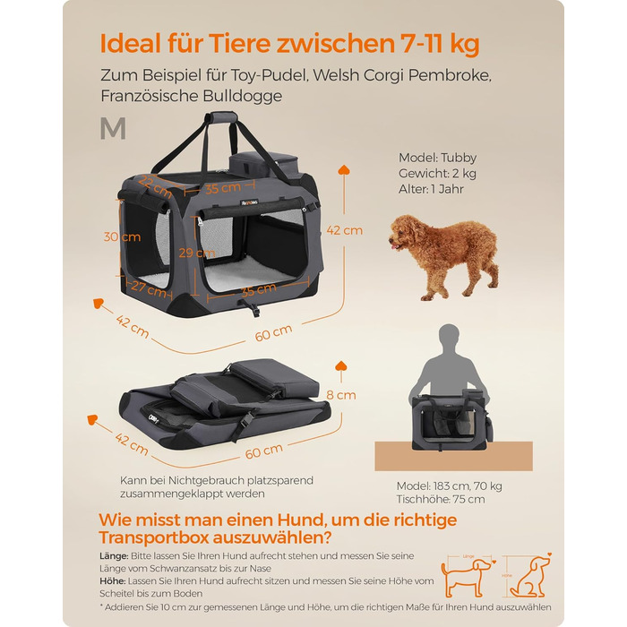 Клітка для собак Feandrea, переноска для собак, середнього розміру, сіра, 60 x 42 x 42 см
