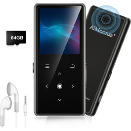 MP3-плеєр AiMoonsa 64GB з Bluetooth 5.2, FM-радіо, HiFi-звук, E-Book, вбудований HD-динамік та функцією запису голосу, чорний