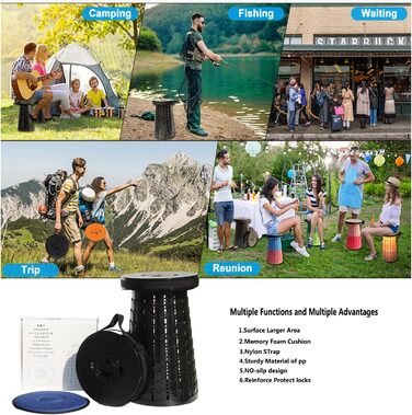 Зручний розкладний стілець Alevmoom з подушкою, телескопічний, для риболовлі та відпочинку на природі, чорний (50см, 450кг)